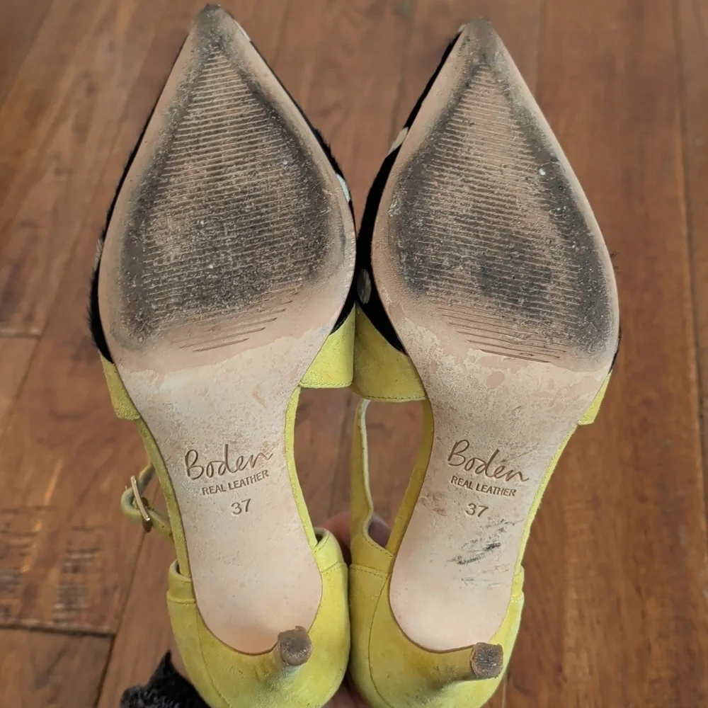 Boden Trisha Yellow and Black Polka Dot Cowhide Pointy Toe Strappy Heels - Picture 14 of 16